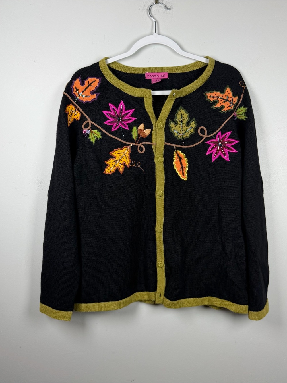 Bobbie Bell Autumn Cardigan Knit Sweater Womens Medium Fall Leaves Raime Beaded